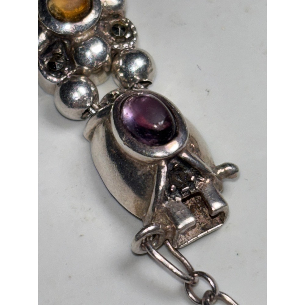 Vintage Sterling Silver Multi Gemstone Marcasite Ornate Link Bracelet 925 - Picture 10 of 13